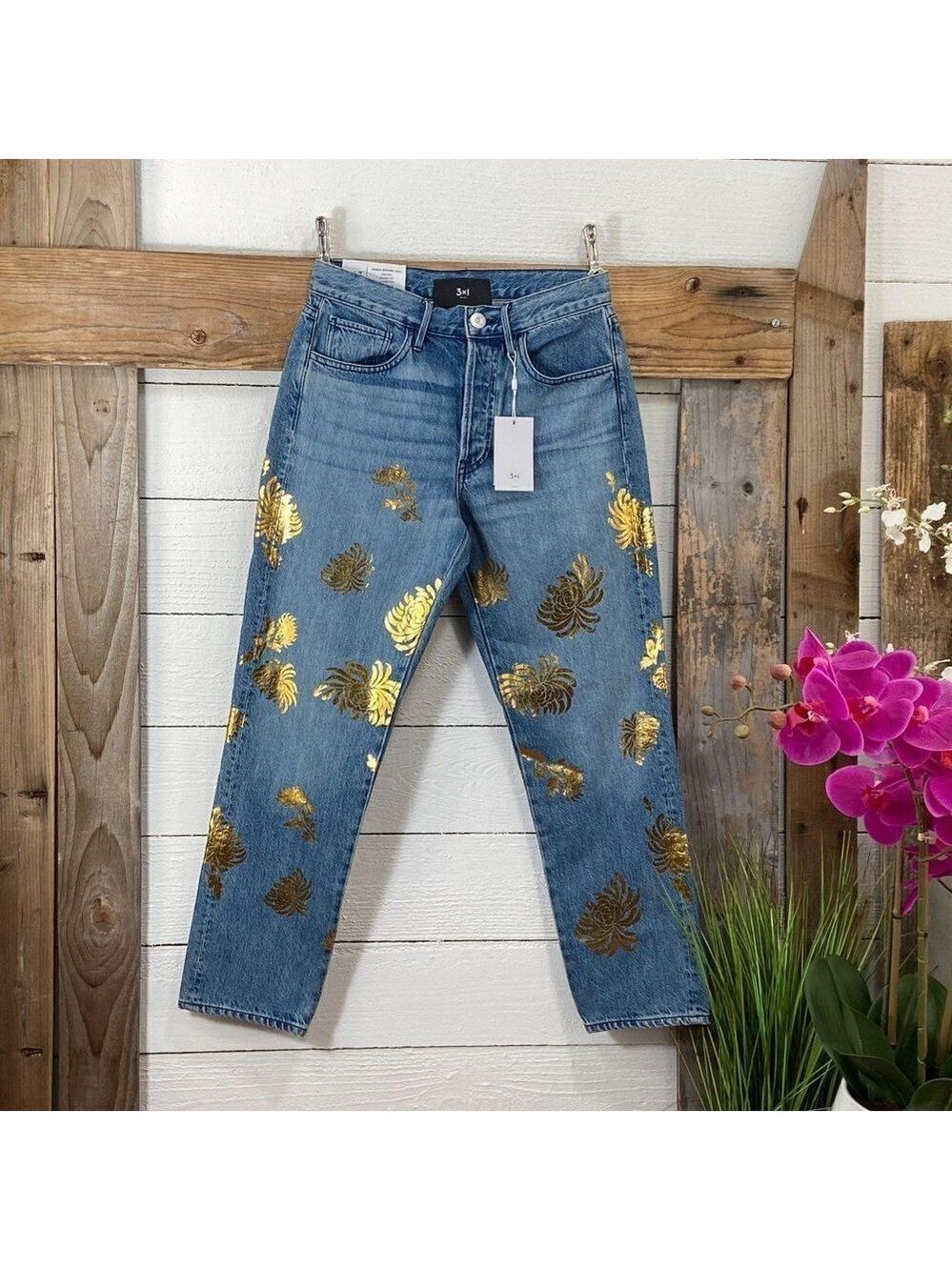 $325 3X1 N.Y.C. EVA W3 NWT Higher Ground Crop Gold Floral High Rise Relaxed Fit
